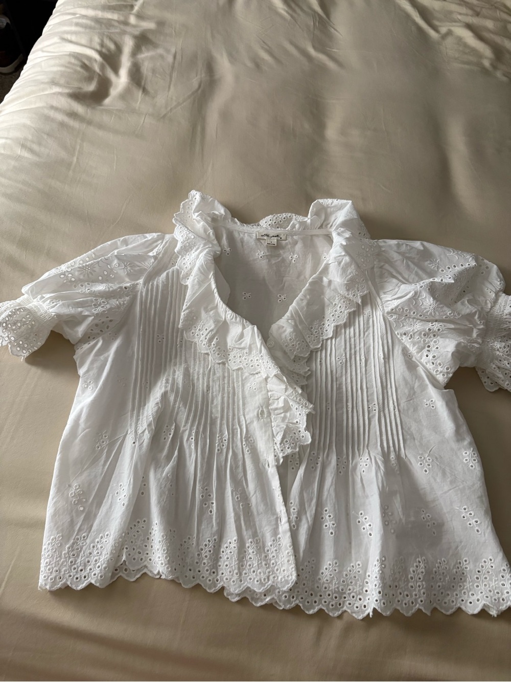 T.J.Maxx White Eyelet Ruffle Pintuck Button-Down Blouse - Picture 2 of 4